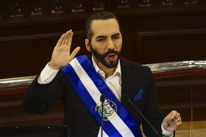 SAN SALVADOR, EL SALVADOR  JUNE 01: Salvadoran President Nayib Bukele gestures during a speech for his second anniversary in power on June 1, 2021 in San Salvador, El Salvador. (Photo by Emerson Flores/APHOTOGRAFIA/Getty Images)