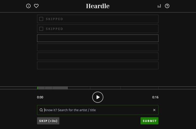 A screenshot of the web game "Heardle" where you guess a song in several short clips in the least amount of time to win.