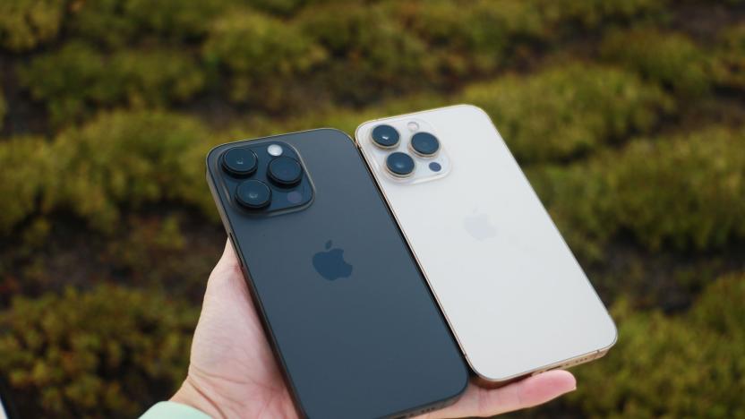 A black iPhone 14 Pro and gold iPhone 13 Pro held next to each other in one hand, against a background of green leaves.