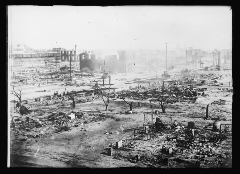 This image obtained from the American National Red Cross photograph collection at the US Library of Congress, the smoldering ruins of Tulsa, Oklahoma's black Greenwood district after white mobs attacked May 31-June 1, 1921 (AFP Photo/-)