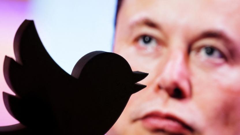 A 3D printed Twitter logo is seen in front of a displayed photo of Elon Musk in this illustration taken October 27, 2022. REUTERS/Dado Ruvic/Illustration
