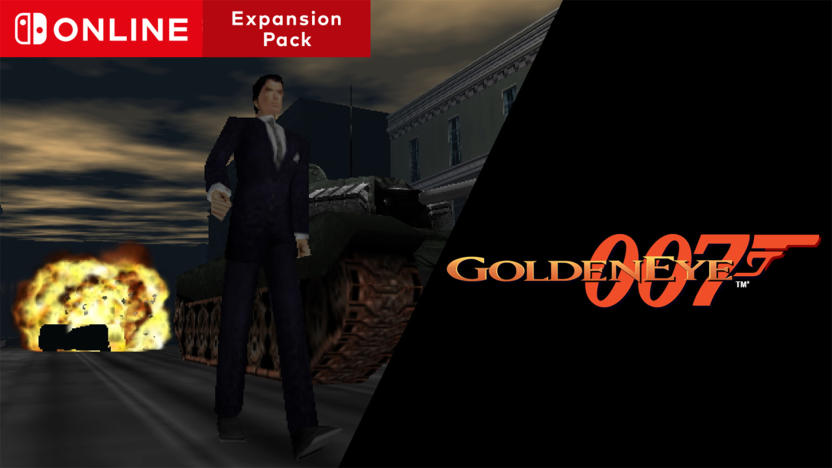 A screenshot of GoldenEye 007 showing James Bond walking toward the camera with an explosion in the distance. The GoldenEye 007 and Nintendo Switch Online + Expansion Pack logos are displayed.