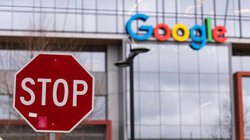 Seattle, USA - Feb 4, 2020: A stop sign across from the new Google building entrance in the south lake union late in the day.