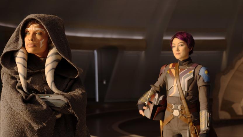 (L-R): Ahsoka Tano (Rosario Dawson) and Sabine Wren (Natasha Liu Bordizzo) in Lucasfilm's AHSOKA, exclusively on Disney+. Â©2022 Lucasfilm Ltd. & TM. All Rights Reserved.