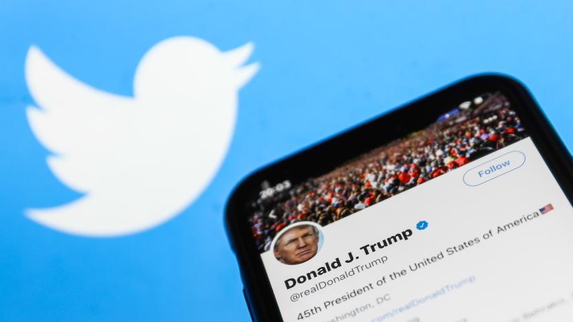 Twitter feed of the President of the USA Donald Trump is seen displayed on a phone screen with Twitter logo in the background in this illustration photo taken on October 18, 2020. 
 (Photo Illustration by Jakub Porzycki/NurPhoto via Getty Images)