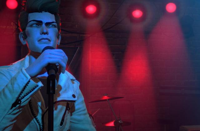 Promotional screenshot from Rock Band 4. A singer holds the microphone and gazes at the audience. Red spotlights and part of a drumkit behind him,