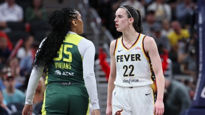 Getty Images - INDIANAPOLIS, INDIANA - MAY 30: Caitlin Clark #22 of the Indiana Fever exchanges words with Victoria Vivians #35 of the Seattle Storm during the first quarter in the game at Gainbridge Fieldhouse on May 30, 2024 in Indianapolis, Indiana. NOTE TO USER: User expressly acknowledges and agrees that, by downloading and or using this photograph, User is consenting to the terms and conditions of the Getty Images License Agreement. (Photo by Andy Lyons/Getty Images)