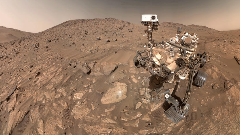 A photo of NASA's Perseverance rover. At the center is the rock that could contain signs of ancient microbial life.
