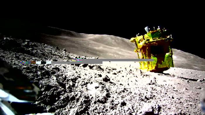 Japan's SLIM lunar lander shown upside down on the Moon's surface.