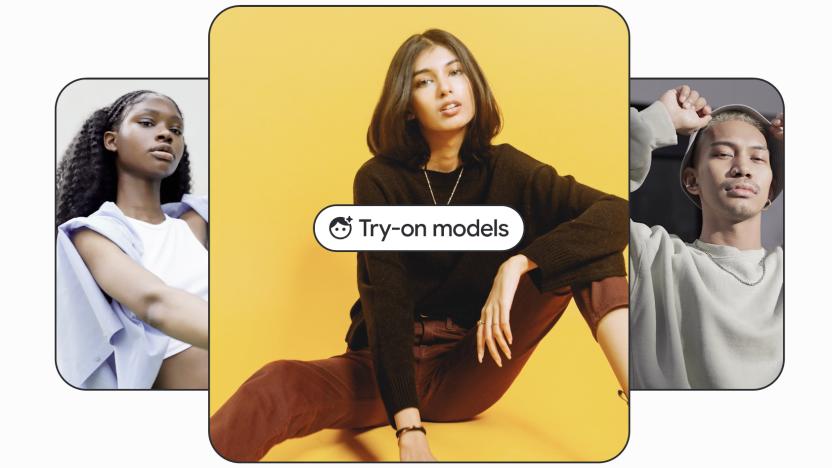 Three models in individual boxes with a button to try-on in front. 