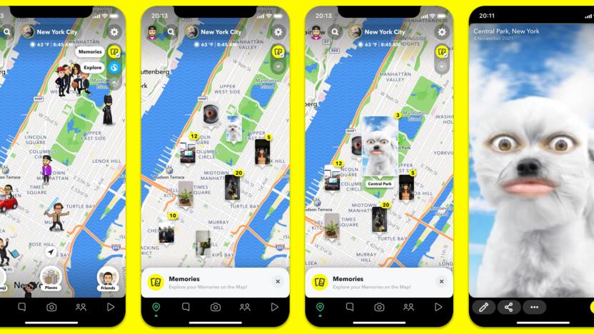 Screenshots of the Memories layer in Snapchat's Snap Map, showing locations from which users had posted photos and videos to the app to help them relive their favorite moments.