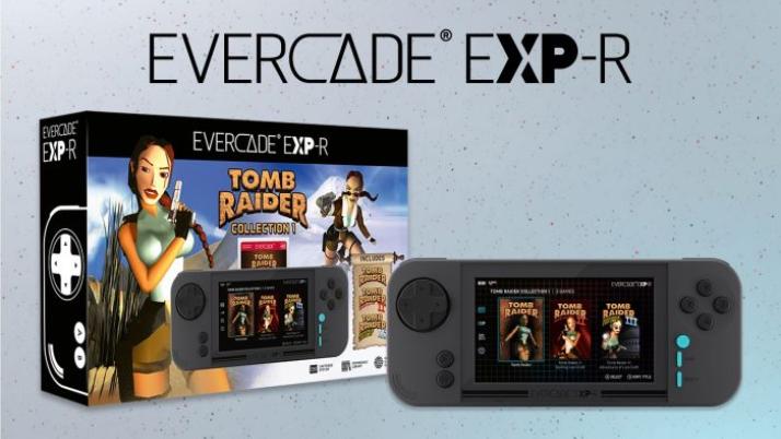 Evercade EXP-R handheld console and Tomb-Raider-themed box