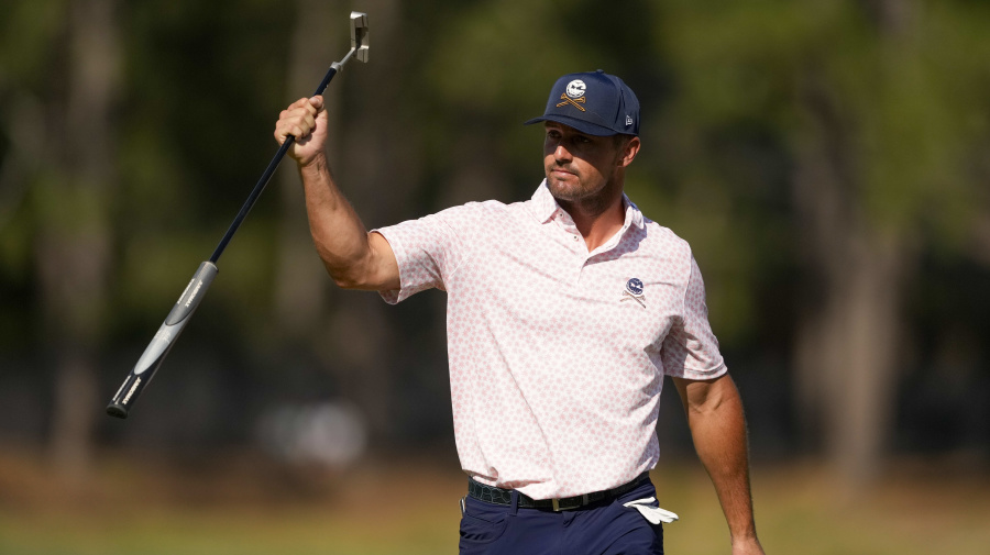 Associated Press - Bryson DeChambeau celebrates after a birdie on the seventh hole during the third round of the U.S. Open golf tournament Saturday, June 15, 2024, in Pinehurst, N.C. (AP Photo/Matt York)