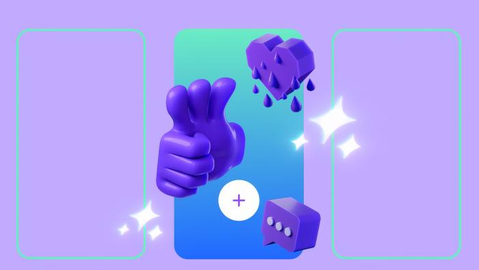 Twitch marketing image for its stories feature: digital image of a (seven-fingered) purple thumb giving a three-thumbed thumbs up. A weeping purple heart sits above it with a chatbox below. Light purple background.