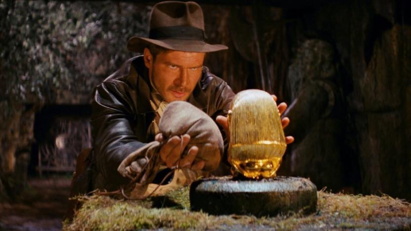 Indiana Jones prepares to swap a golden idol for a weighted bag in Raiders of the Lost Ark.