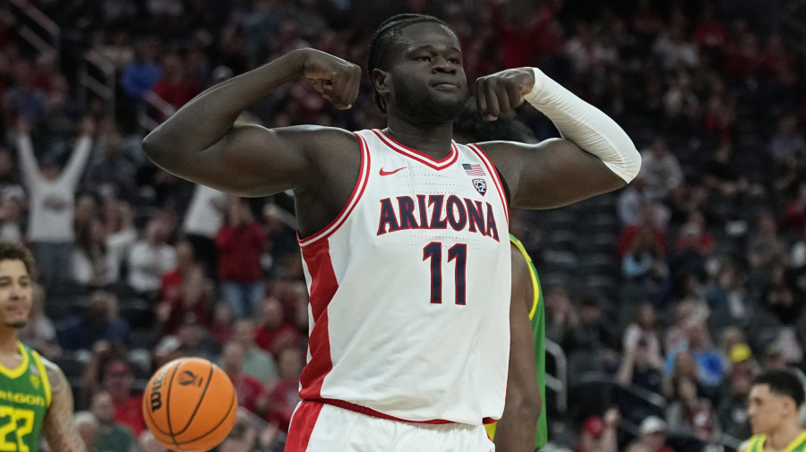 Associated Press - Arizona center Oumar Ballo (11) celebrates after a play against Oregon during the first half of an NCAA college basketball game in the semifinal round of the Pac-12 tournament Friday, March 15, 2024, in Las Vegas. (AP Photo/John Locher)