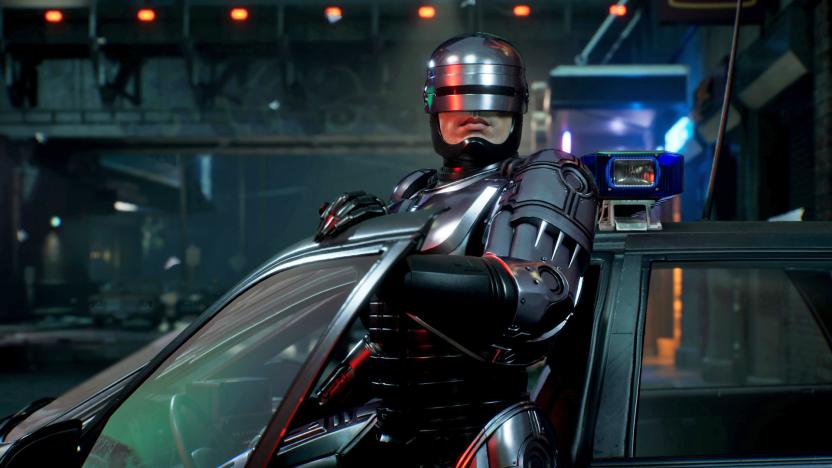 RoboCop exits a car in a scene from the video game 'RoboCop: Rogue City'.