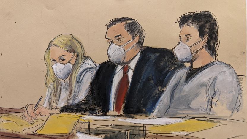 In this courtroom sketch, attorney Sam Enzer, center, sits between Heather Morgan, left, and her husband, Ilya "Dutch" Lichtenstein, in federal court, Tuesday, Feb. 8, 2022, in New York. The couple are accused of conspiring to launder billions of dollars in cryptocurrency stolen from the 2016 hack of a virtual currency exchange. (AP Photo/Elizabeth Williams)