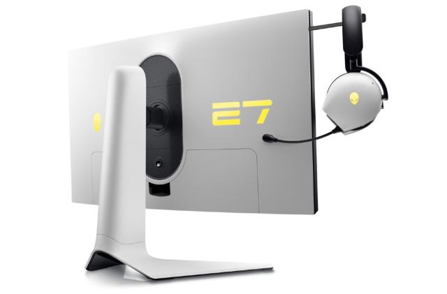 Render of Alienware's new AW2723DF monitor showing off its retractable headset hanger. 