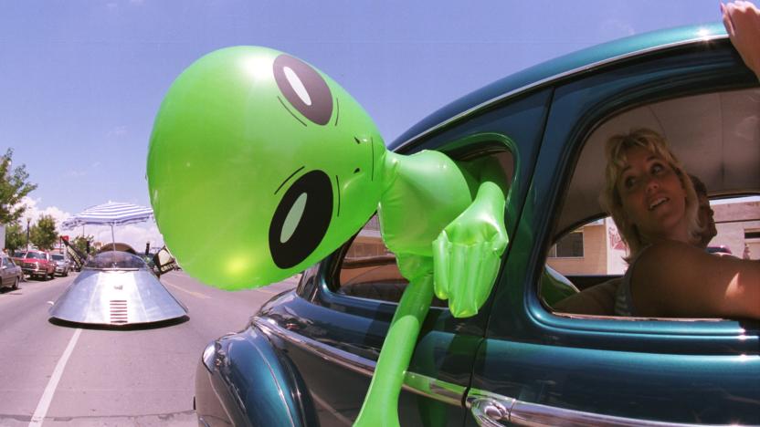 372049 02: An alien doll hangs out a car window in downtown Roswell, New Mexico July 1, 2000 as part of the annual UFO Encounter, which runs through July 4, 2000. The annual festival stems from a mysterious crash northwest of Roswell in 1947. The Army initially said it was a UFO crash, but quickly backed off that report. The Pentagon has since said it was a top-secret balloon crash, but UFO enthusiasts don''t believe that story, which gives rise to what has become known as the "Roswell Incident". (Photo by Joe Raedle/Newsmakers)