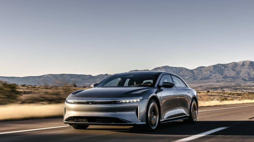 A computer render of Lucid Air Touring on the road.