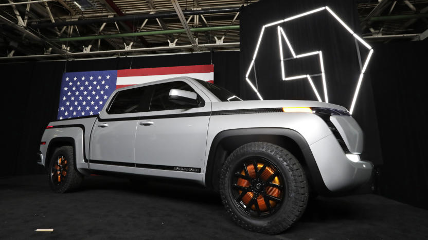 FILE - This Thursday, June 25, 2020, file photo shows the electric Endurance pickup at Lordstown Motors Corp., in Lordstown, Ohio. Shares of Lordstown Motors are tumbling before the market open Tuesday, May 25, 2021, after the electric light duty truck maker indicated it will need to raise more money to produce some vehicles. (AP Photo/Tony Dejak, File)