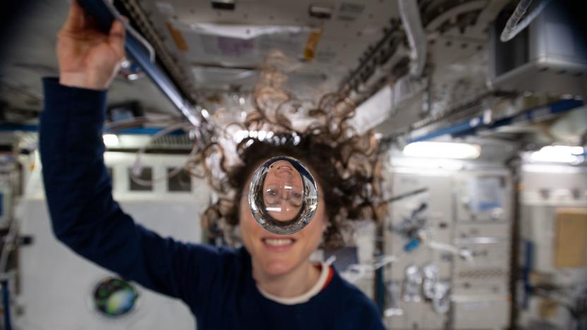 Christina Koch with a water bubble in the Kibo lab