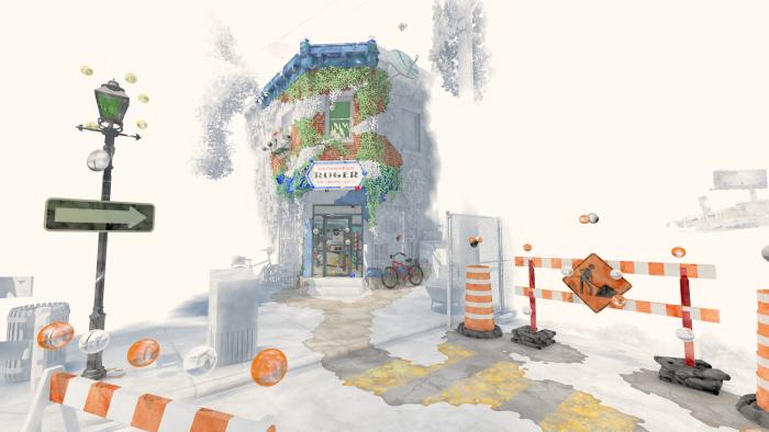 Screenshot of a game called Été. A street scene depicts construction and a corner store. The environment is created in a watercolor art style, with much of the image still white and yet to be "painted."
