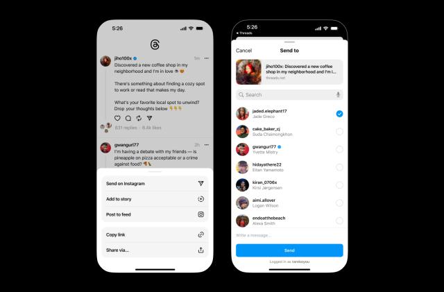 Screenshots of two phones showing Threads' new "Send on Instagram" feature. Left pane: pop-up menu showing options for where to post. Right pane: list of Instagram contacts to send it.