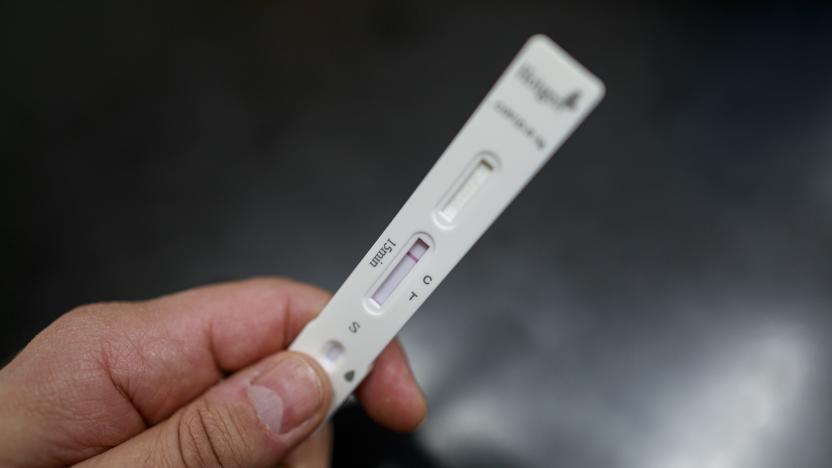 A hand holding a negative Covid-19 rapid test. The red line marking C. (Photo illustration by Achille Abboud/NurPhoto via Getty Images)