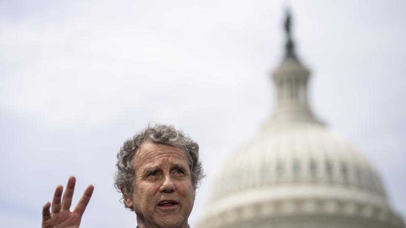 WASHINGTON, DC - JULY 28: Sen. Sherrod Brown (D-OH) speaks during a news conference about the Honoring Our Promise to Address Comprehensive Toxics (PACT) Act on Capitol Hill July 28, 2022 in Washington, DC.  A procedural vote to advance the bill, which would expand health care access for military veterans who became ill after being exposed to toxic burn pits, failed to pass in the Senate on Wednesday. (Photo by Drew Angerer/Getty Images)