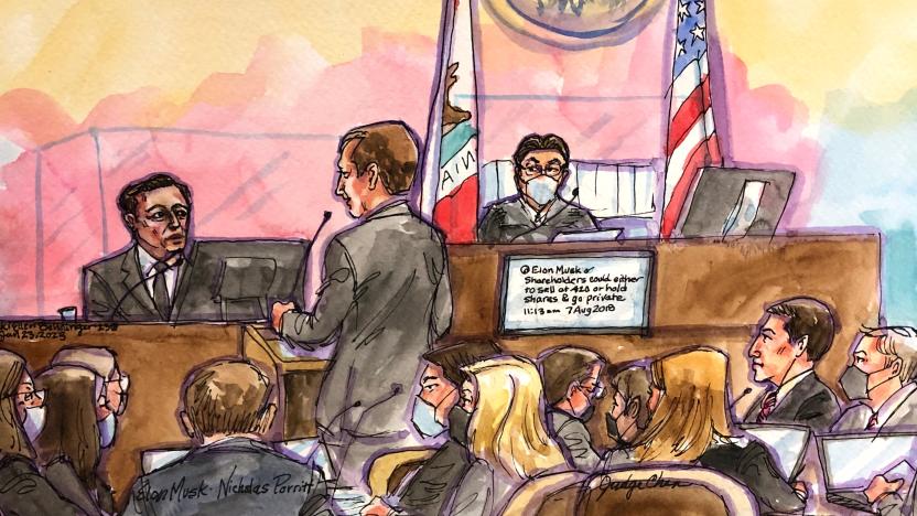 Tesla CEO Elon Musk is questioned by the investors' attorney Nicholas Porritt before Judge Edward Chen as a screen displays one of Musk's tweets, during a securities-fraud trial at federal court in San Francisco, California, U.S., January 23, 2023 in this courtroom sketch. REUTERS/Vicki Behringer