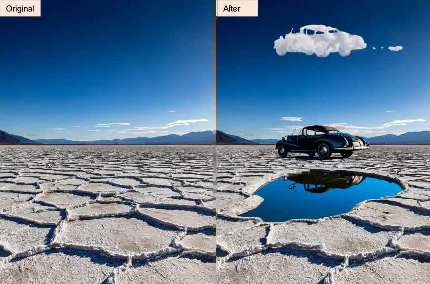 Split-screen comparison (before and after) showing a barren desert scene on the left. On the right, a car sits behind a puddle with a car-shaped cloud above it.