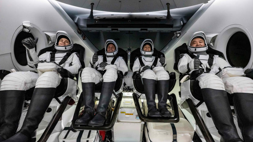 Roscosmos cosmonaut Anna Kikina, left, NASA astronauts Josh Cassada and Nicole Mann, and Japan Aerospace Exploration Agency (JAXA) astronaut Koichi Wakata, right, are seen inside the SpaceX Dragon Endurance spacecraft onboard the SpaceX recovery ship Shannon shortly after having landed in the Gulf of Mexico off the coast of Tampa, Florida, Saturday, March 11, 2023. 