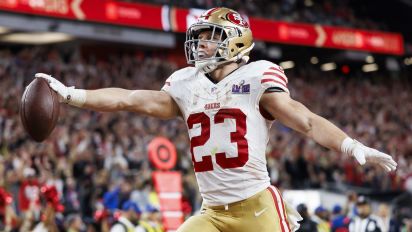 Getty Images - LAS VEGAS, NEVADA - FEBRUARY 11: Christian McCaffrey #23 of the San Francisco 49ers celebrates after scoring a touchdown during Super Bowl LVIII against the Kansas City Chiefs at Allegiant Stadium on February 11, 2024 in Las Vegas, Nevada. (Photo by Ryan Kang/Getty Images)