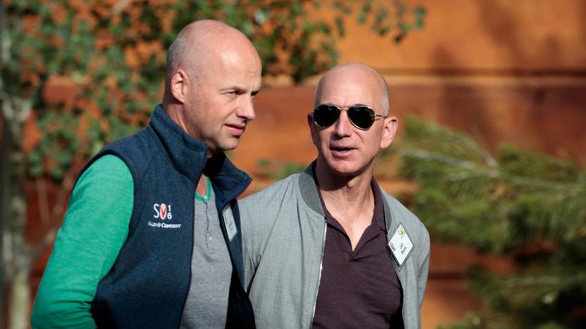 SUN VALLEY, ID - JULY 6: ( L to R) Sebastian Thrun, founder of Udacity and GoogleX, walks with Jeff Bezos, chief executive officer of Amazon.com Inc. and founder of Blue Origin, as they attend the annual Allen & Company Sun Valley Conference, July 6, 2016 in Sun Valley, Idaho. Every July, some of the world's most wealthy and powerful businesspeople from the media, finance, technology and political spheres converge at the Sun Valley Resort for the exclusive weeklong conference. (Photo by Drew Angerer/Getty Images)