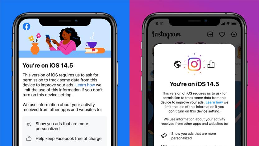 Facebook and Instagram notices in iOS 14.5 arguing for app tracking