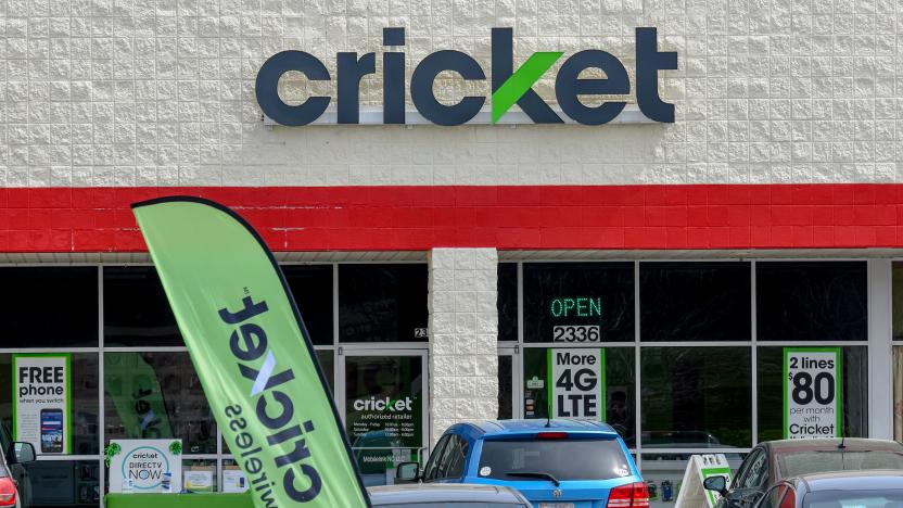 Wilson, NC / March 29, 2018: A Cricket sign is displayed above the entrance to their retail store in Wilson, North Carolina.