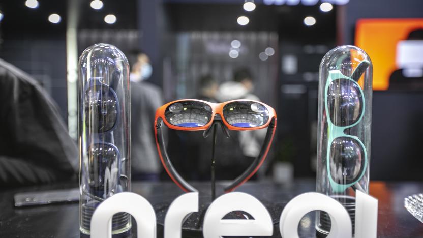 SHANGHAI, CHINA - FEBRUARY 24: Nreal augmented reality (AR) glasses are on display during the Mobile World Congress (NWC) Shanghai 2021 at Shanghai New International Expo Center on February 24, 2021 in Shanghai, China. (Photo VCG/VCG via Getty Images)