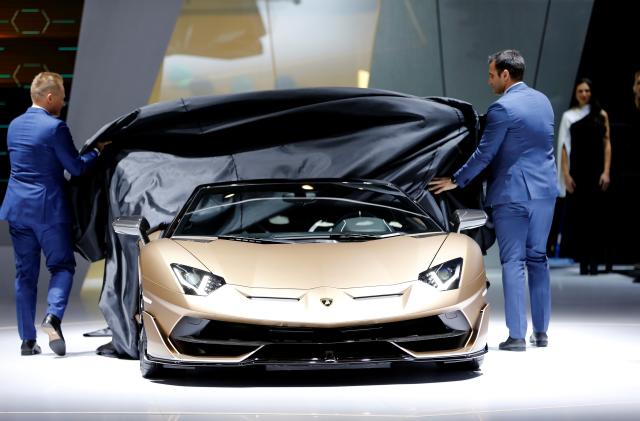 The new Lamborghini Aventador SVJ Roadster is revealed at the 89th Geneva International Motor Show in Geneva, Switzerland March 5, 2019. REUTERS/Pierre Albouy