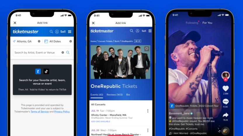 Three TikTok screenshots showing a Ticketmaster event search page, a list of OneRepublic events and a video posted by OneRepublic with a link to buy tickets.