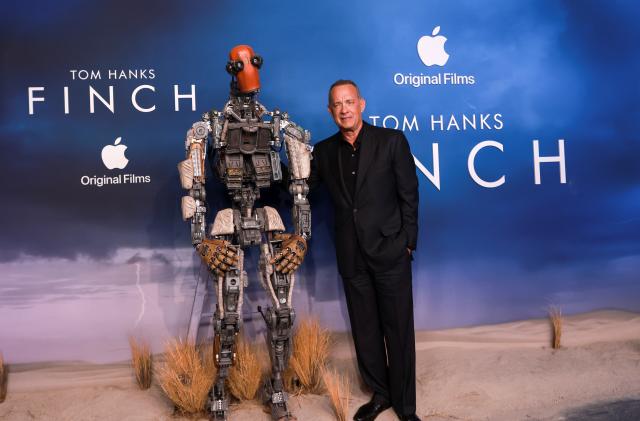 Cast member Tom Hanks poses at the premiere for the film "Finch" at the Pacific Design Center in Los Angeles, California, U.S., November 2, 2021. REUTERS/Aude Guerrucci