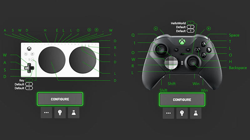 A diagram showing both the accessibility and Elite controllers with lines pointing to each of the mappable controls.