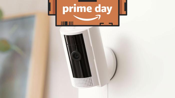 Ring Indoor Cam mounted on a wall with a Prime Day logo superimposed on top.