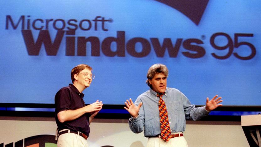 Microsoft Chairman Bill Gates (L) looks on  as The Tonight Show's Jay Leno co-hosts the official launch of Windows '95 at the Microsoft campus in Redmond, Washington August 24