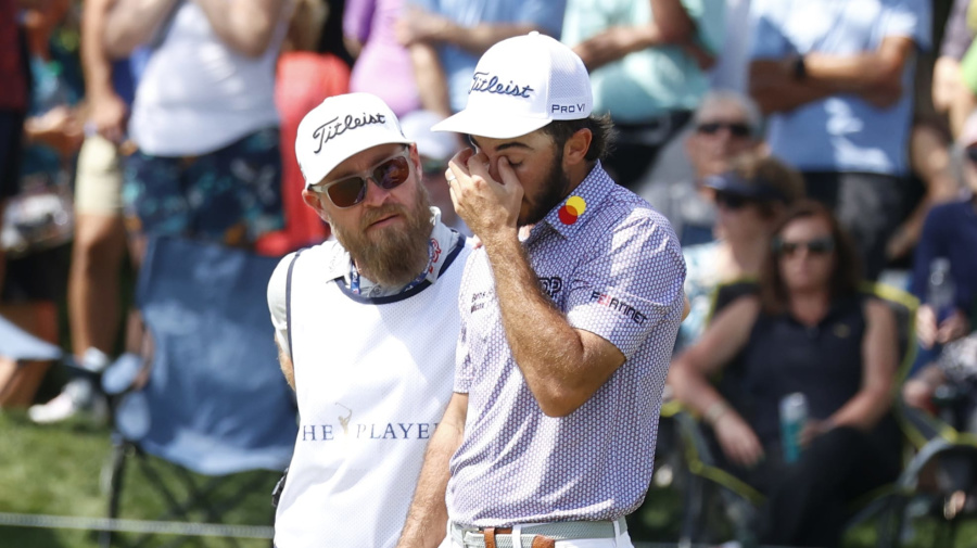 Getty Images - PONTE VEDRA BEACH, FL - MARCH 15: PGA golfer Max Homa looks dejected after he finishes his second round on the 9th hole during The Players Championship on March 15, 2024, at TPC Sawgrass in Ponte Vedra Beach, Florida. (Photo by Brian Spurlock/Icon Sportswire via Getty Images)