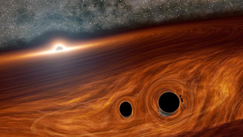 Artist's depiction of orbiting black holes near a supermassive black hole