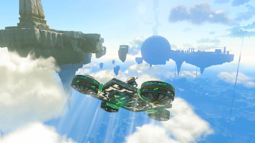 Link soars across the floating islands above Hyrule on a huge, square hovercraft with four wind-powered engines.