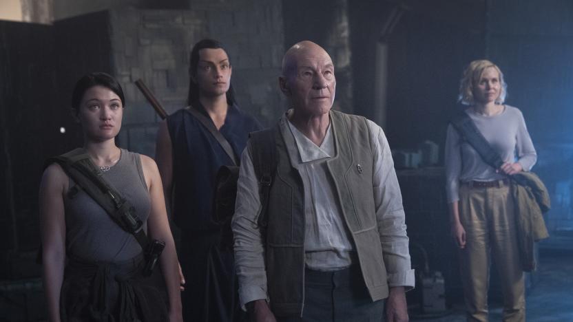 "Et in Arcadia Ego, Part 1" -- Episode #109 -- Pictured (l-r): Isa Briones as Soji; Evan Evagora as Elnor; Sir Patrick Stewart as Jean-Luc Picard; Alison Pill as Agnes Jurati; of the the CBS All Access series STAR TREK: PICARD. Photo Cr: Aaron Epstein/CBS Â©2019 CBS Interactive, Inc. All Rights Reserved.