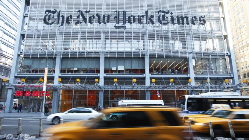 Vehicles drive past the New York Times headquarters in New York March 1, 2010. Shares of the U.S. media company rose to an intraday high of $12.16 on Monday, up more than 11 percent, propelled by a rumor that Mexican billionaire Carlos Slim was seeking to buy the New York Times, where he became a minority stakeholder in 2008. Slim's spokesman has, however, said there is no change in the stake holding.  REUTERS/Lucas Jackson (UNITED STATES - Tags: BUSINESS MEDIA IMAGES OF THE DAY)